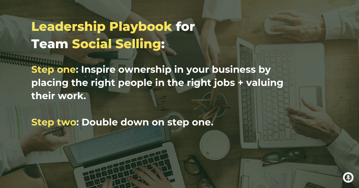 A picture of a business team huddling over open laptops with an overlay quote from growth marketing firm about team selling for leaders.