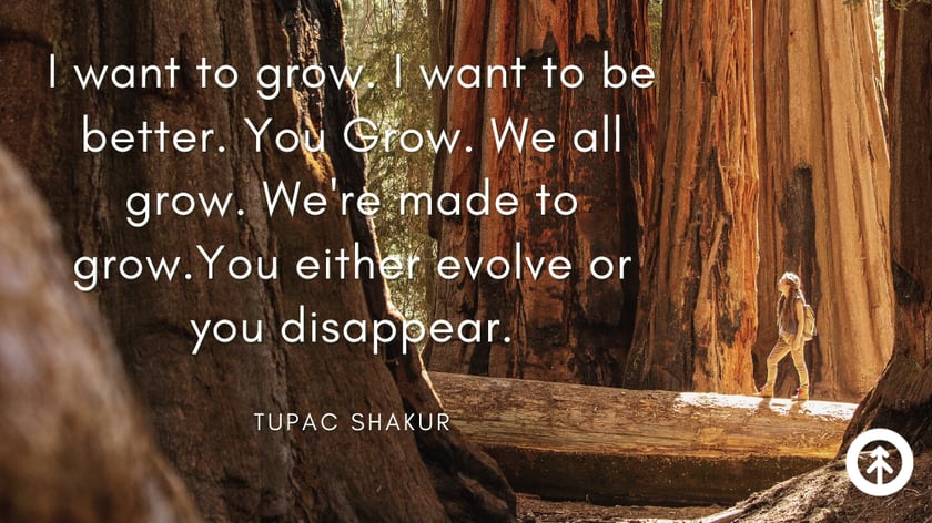 A hiker standing on a fallen log and looking up at the redwood forest canopy with words about growth and evolution from rapper and poet Tupac Shakur: “I want to grow. I want to be better. You grow. We all grow. We're made to grow. You either evolve or you disappear.” .