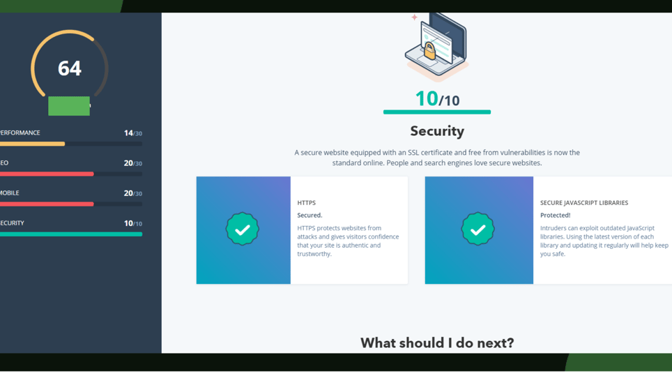 Screenshot from the Growth Marketing Firm website grader tool’s reading on a website’s security.
