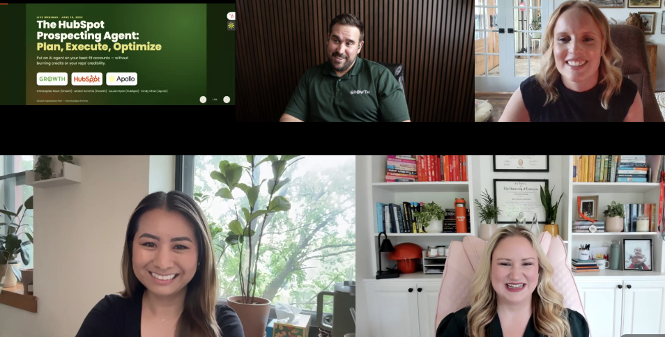 Our speakers Amber Kemmis, CIndy Chao, Lauren Ryan, Chris Nault - Growth, HubSpot Apollo AI Prospecting Agent Webinar on 6.18.26